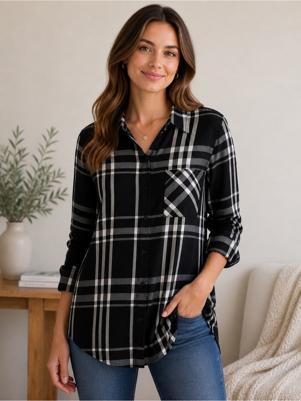 Lucky Brand Black & White Plaid Button-Down Shirt NWT